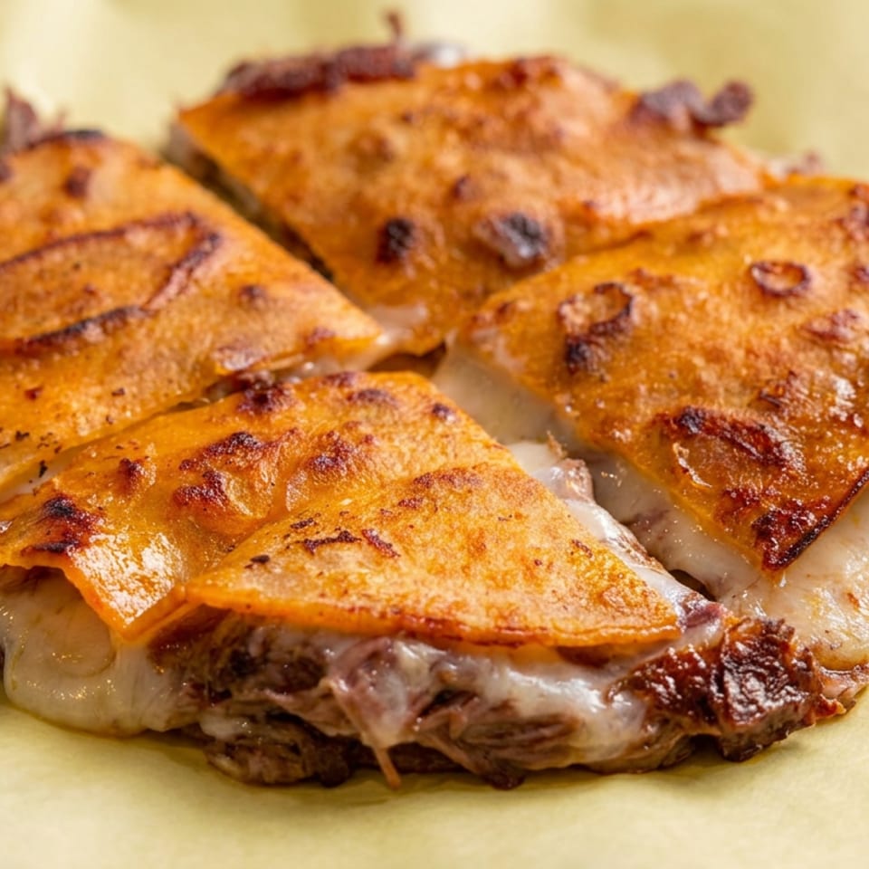 Griddled orange tortillas filled with melted cheese and shredded meat, arranged on parchment paper.