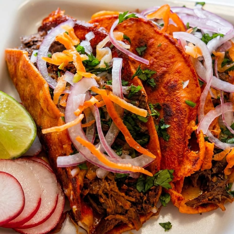 Plate of crispy orange tacos filled with shredded meat, topped with onions, carrots, and herbs, alongside lime and sliced radishes.