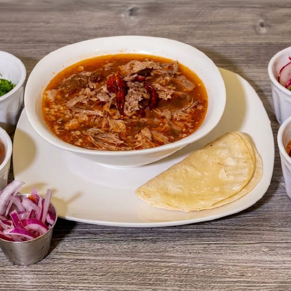 Bowl of shredded meat in red chile broth served with tortillas, beans, pickled onions, lime, herbs, and salsa.
