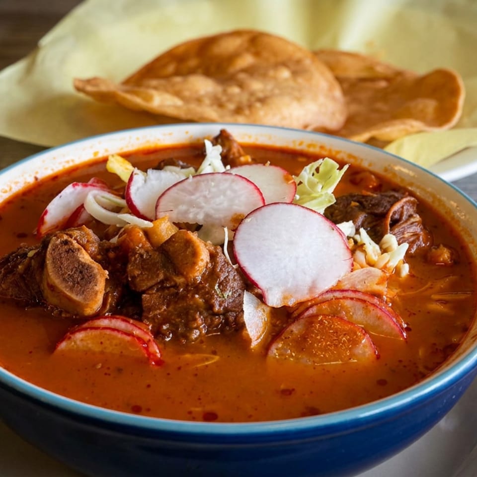 Bowl of rich red stew topped with braised meat, radishes, cabbage, and onions, served with crispy tostadas on a wooden table.