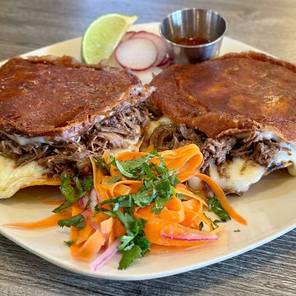 Plate of crispy stuffed sandwiches with shredded meat and melted cheese, served with carrot salad, lime, radish, and dipping sauce.